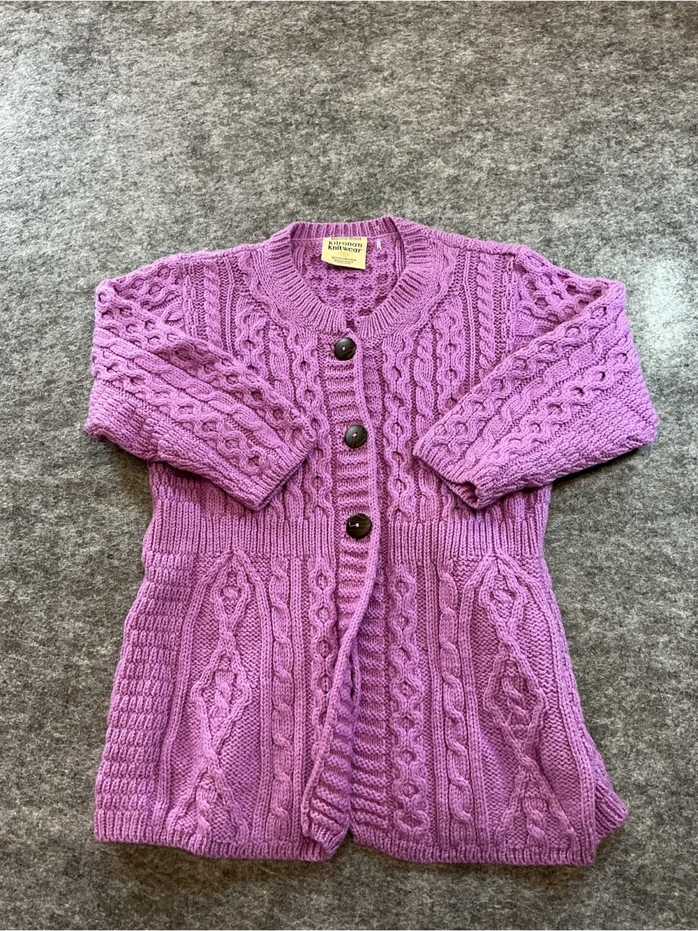 Kilronan Knitwear Lavender Cable Knit Cardigan W/ Dark Buttons Best Fits Size S